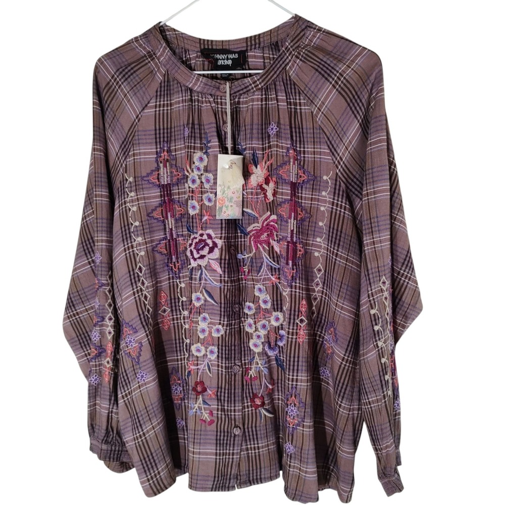 Johnny Was Workshop Shirt Plaid Curacao‎ Raglan Poet Boho Chic Womens Medium